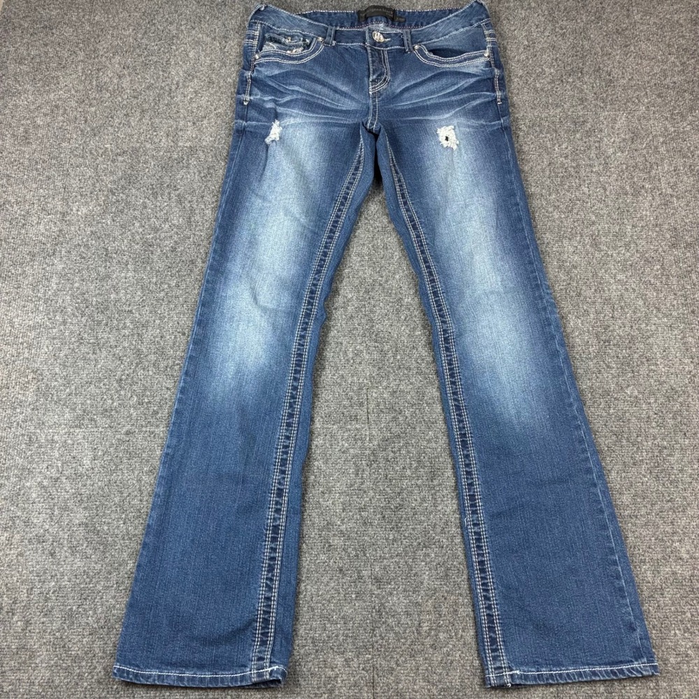 Twentyone Black Rue21 Womens 7/8R Distressed Bootcut Jeans Blue Thick Stitch Y2K